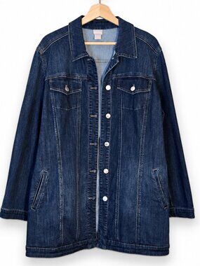 Chico's Western Trucker Denim Jacket Size 3 16/18 Longline Dark Wash
